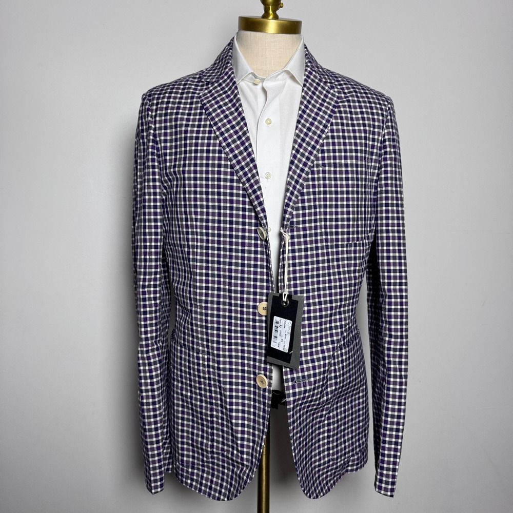 Chinook Blazer Mens 38L Purple Gingham Check Cotton Sport Coat Italy